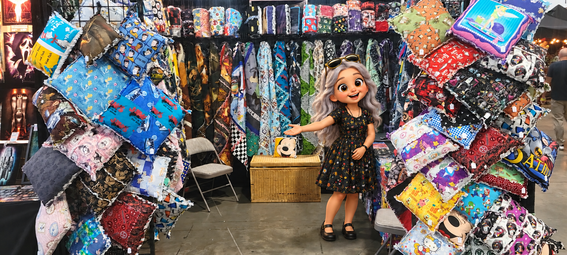 Mini CJ extending an open hand to welcome visitors into her colorful quilt booth