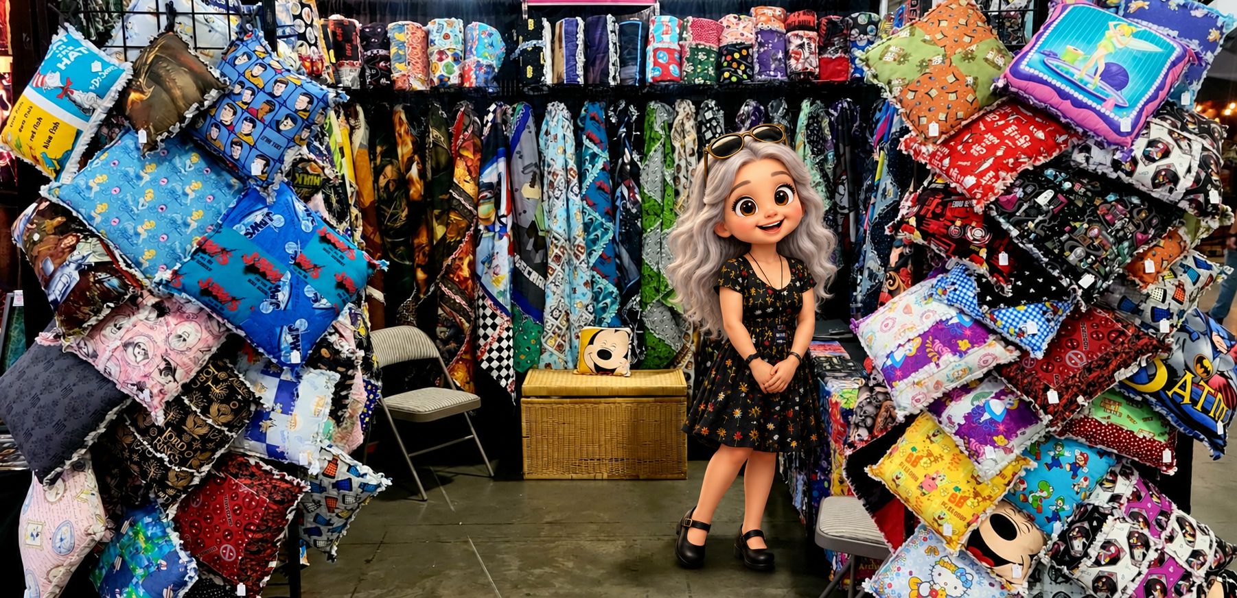Mini CJ character smiling in her quilt booth, surrounded by colorful quilts and pillows