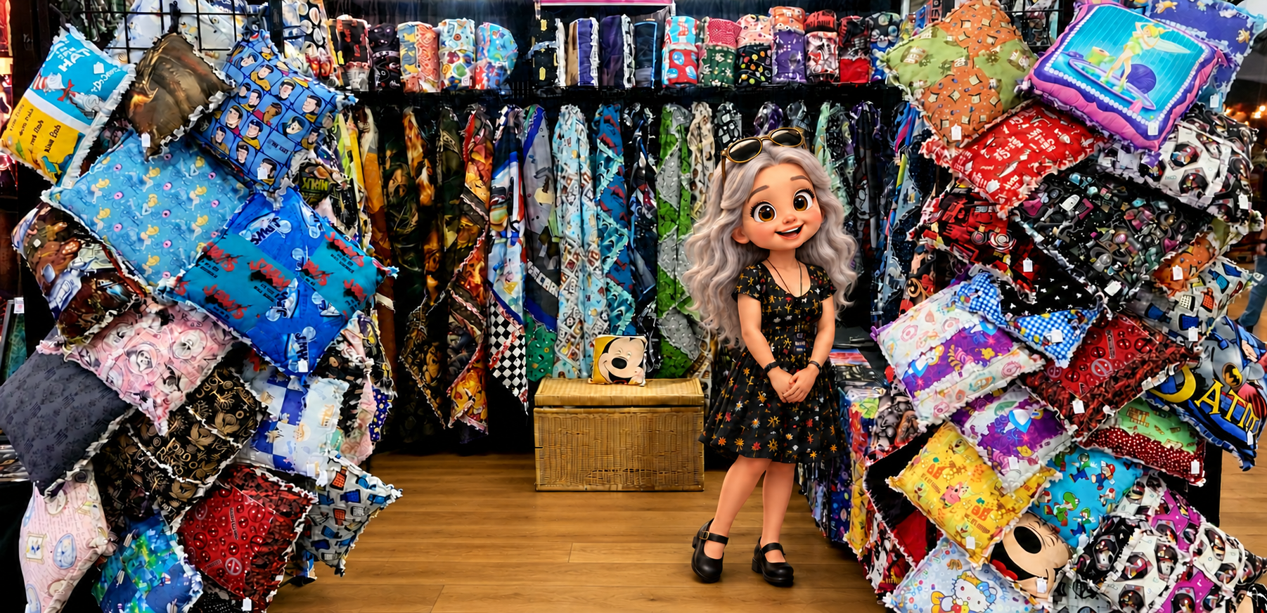 Mini CJ character smiling in her quilt booth, surrounded by colorful quilts and pillows
