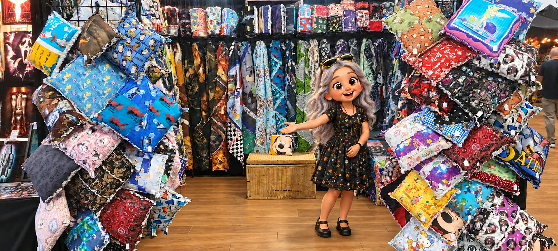 Mini CJ extending an open hand to welcome visitors into her colorful quilt booth